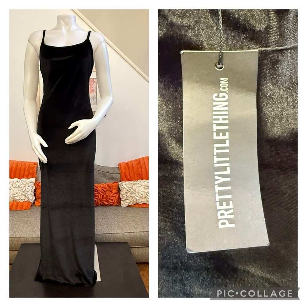 ❣️🆕Pretttylittlething SHAPE BLACK VELVET STRAPPY MIDAXI DRESS❣️